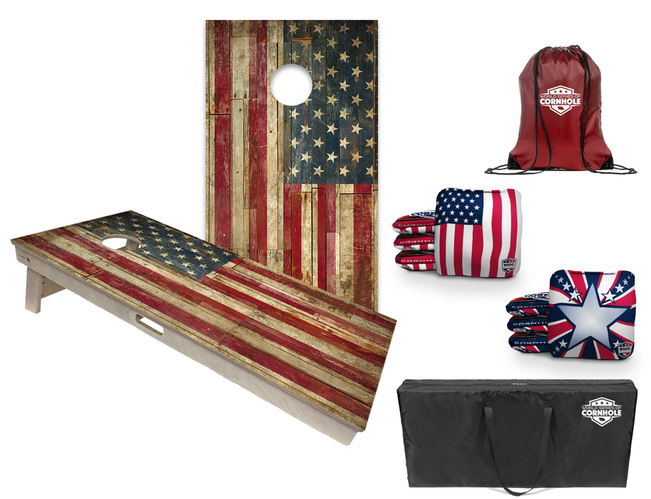 Pro Boards, 8 Pro Bags, & Carrying Case - Cornhole Set - Rustic American Flag Boards with Patriotic Bags