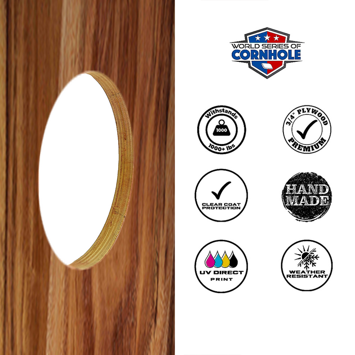 World Series of Cornhole Lightweight Cornhole Set - Acacia Woodgrain Boards with Red and Royal Blue Bags
