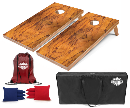 World Series of Cornhole Lightweight Cornhole Set - Tiger Woodgrain Boards with Red and Blue Bags