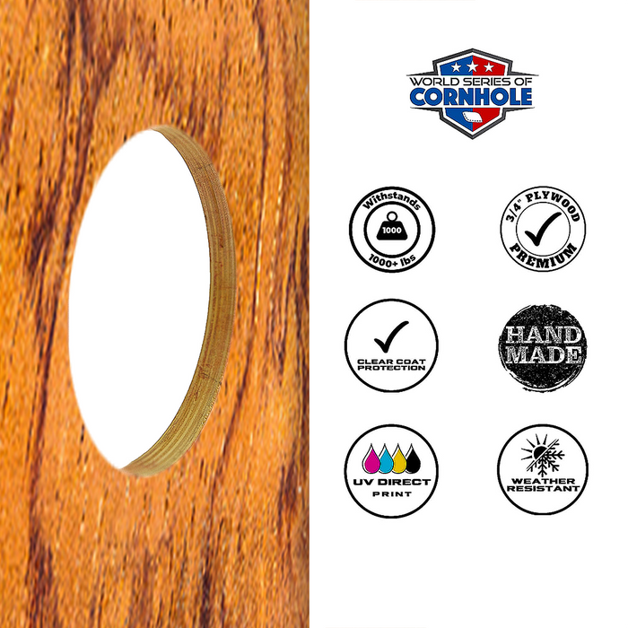 World Series of Cornhole Lightweight Cornhole Set - Tiger Woodgrain Boards with Red and Blue Bags