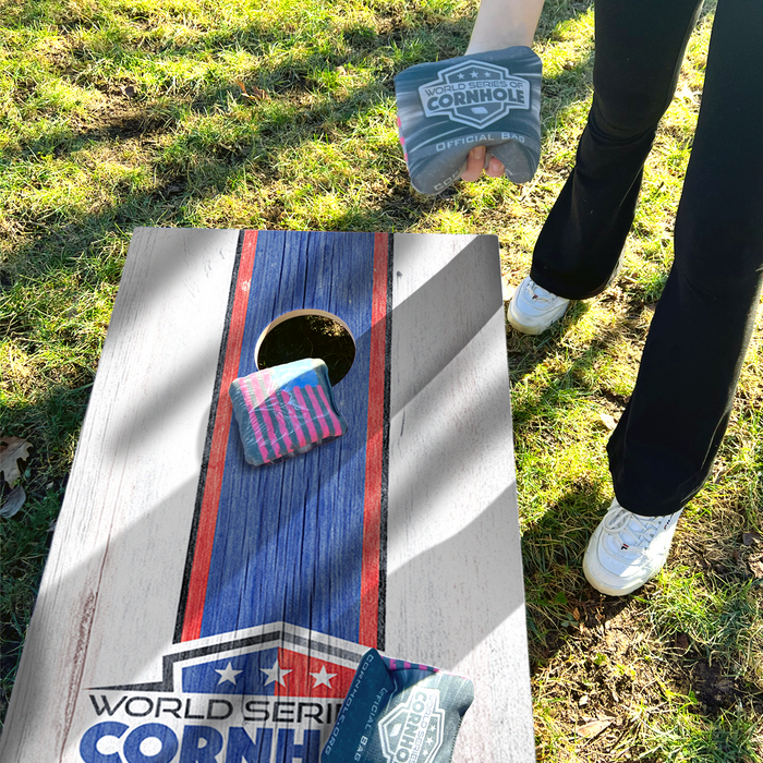 World Series of Cornhole Lightweight Cornhole Set - Patriotic Boards with Red and Blue Bags