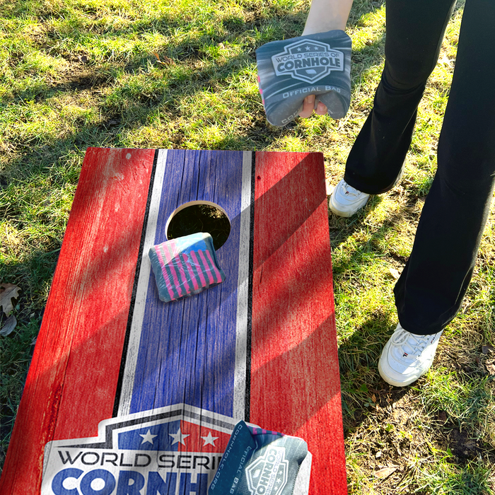 World Series of Cornhole Lightweight Cornhole Set - Red and Blue Patriotic Boards with Red and Blue Bags