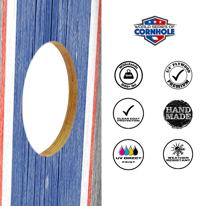 World Series of Cornhole Lightweight Cornhole Set - WSOC Gray and Blue Stripes Boards with Red and Blue Bags