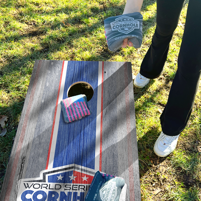 World Series of Cornhole Lightweight Cornhole Set - WSOC Gray and Blue Stripes Boards with Red and Blue Bags