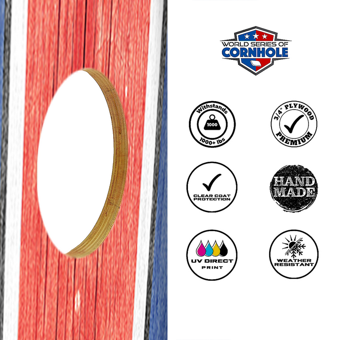 World Series of Cornhole Lightweight Cornhole Set - WSOC Blue and Red Stripes Boards with Red and Blue Bags