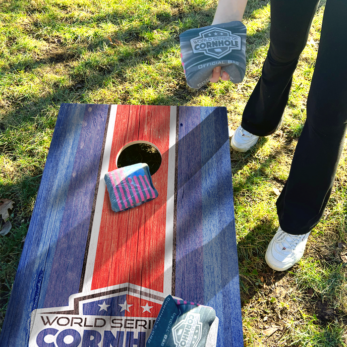 World Series of Cornhole Lightweight Cornhole Set - WSOC Blue and Red Stripes Boards with Red and Blue Bags