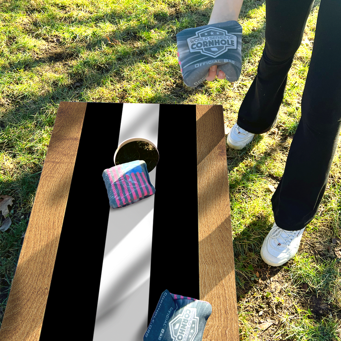 World Series of Cornhole Lightweight Cornhole Set - Black and White Stripes Boards with Black and White Bags