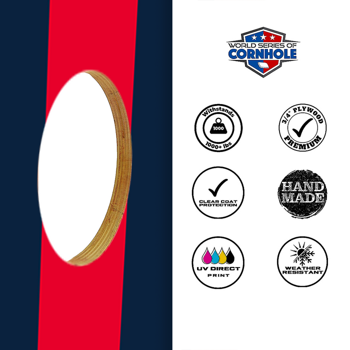 World Series of Cornhole Lightweight Cornhole Set - Blue and Red Stripes Boards with Navy and Red Bags