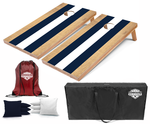 World Series of Cornhole Lightweight Cornhole Set - Navy and White Stripes Boards with Navy and White Bags