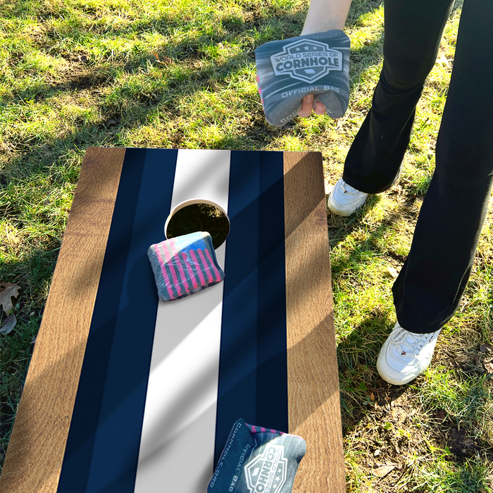 World Series of Cornhole Lightweight Cornhole Set - Navy and White Stripes Boards with Navy and White Bags