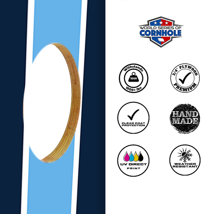 World Series of Cornhole Lightweight Cornhole Set - Navy and Baby Blue Stripes Boards with Navy and Turquoise Bags