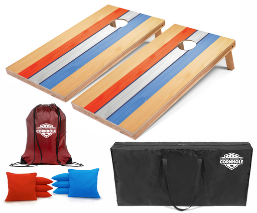World Series of Cornhole Lightweight Cornhole Set - Retro USA Striped Boards with Orange and Baby Blue Bags