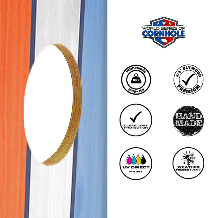 World Series of Cornhole Lightweight Cornhole Set - Retro USA Striped Boards with Orange and Baby Blue Bags