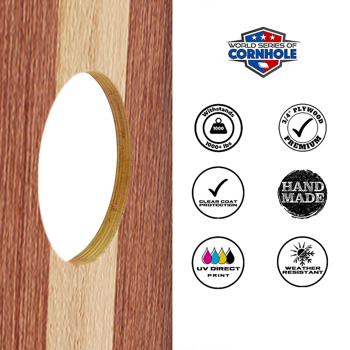 World Series of Cornhole Lightweight Cornhole Set - Alternating Light and Dark Wood Tones Boards with Red and Royal Blue Bags