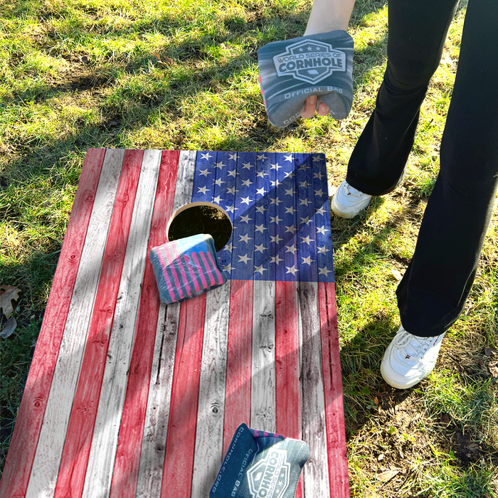 World Series of Cornhole Lightweight Cornhole Set - Light American Flag Boards with Patriotic Bags
