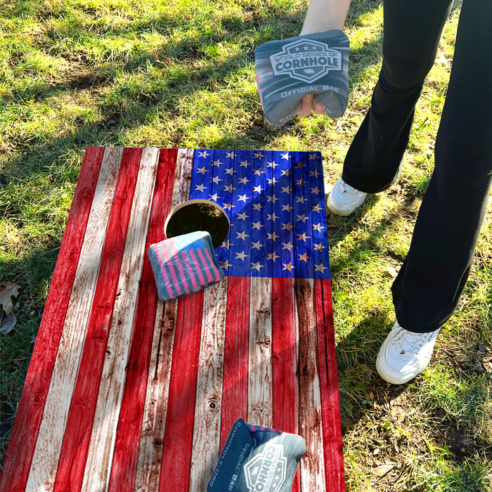 World Series of Cornhole Lightweight Cornhole Set - Regular American Flag Boards with Stars & Stripes Bags