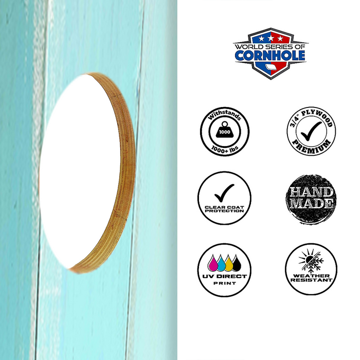 World Series of Cornhole Lightweight Cornhole Set - Coastal Wood Plank Boards with White and Turquoise Bags