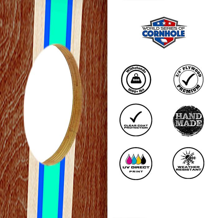 World Series of Cornhole Lightweight Cornhole Set - Riv Surfboard Boards with Red and Royal Blue Bags