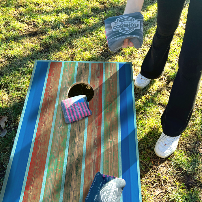 World Series of Cornhole Lightweight Cornhole Set - Kai Surfboard Boards with Red and Royal Blue Bags