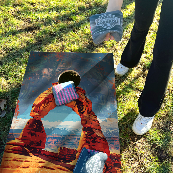 World Series of Cornhole Lightweight Cornhole Set - Arches National Park Daytime Boards with Red and Royal Blue Bags