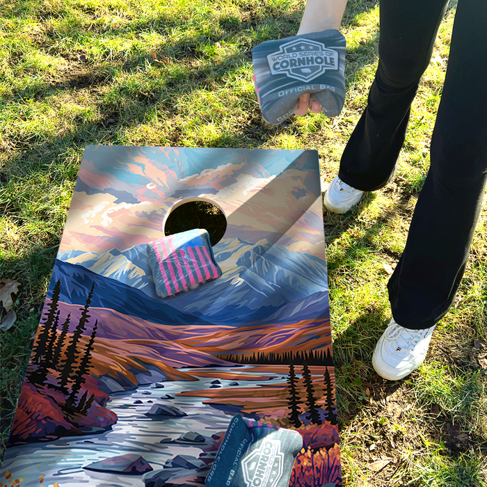 World Series of Cornhole Lightweight Cornhole Set - Denali National Park Daytime Boards with Red and Royal Blue Bags