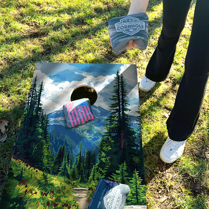 World Series of Cornhole Lightweight Cornhole Set - Mt. Rainier National Park Daytime Boards with Red and Royal Blue Bags