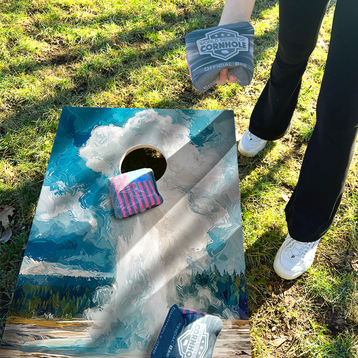 World Series of Cornhole Lightweight Cornhole Set - Yellowstone Old Faithful National Park Daytime Boards with Red and Royal Blue Bags