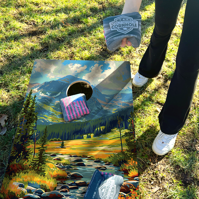 World Series of Cornhole Lightweight Cornhole Set - Rocky Mountain National Park Daytime Boards with Red and Royal Blue Bags