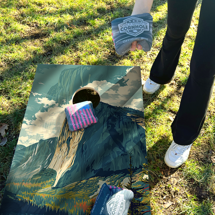 World Series of Cornhole Lightweight Cornhole Set - Yosemite National Park Daytime Boards with Red and Royal Blue Bags