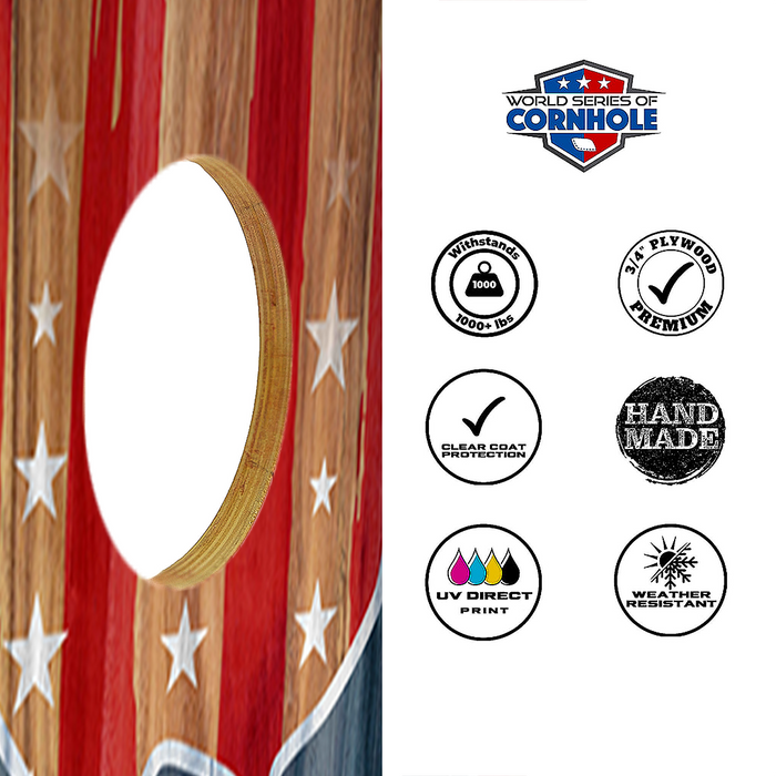 World Series of Cornhole Lightweight Cornhole Set - Stars and Stripes Eagle Boards with Red and Blue Bags