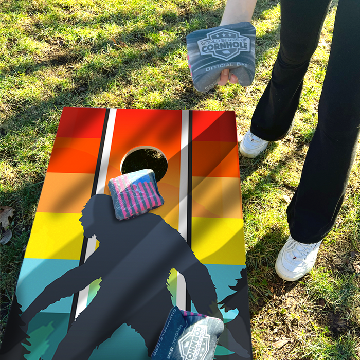 World Series of Cornhole Lightweight Cornhole Set - Retro Sasquatch Boards with Red and Royal Blue Bags