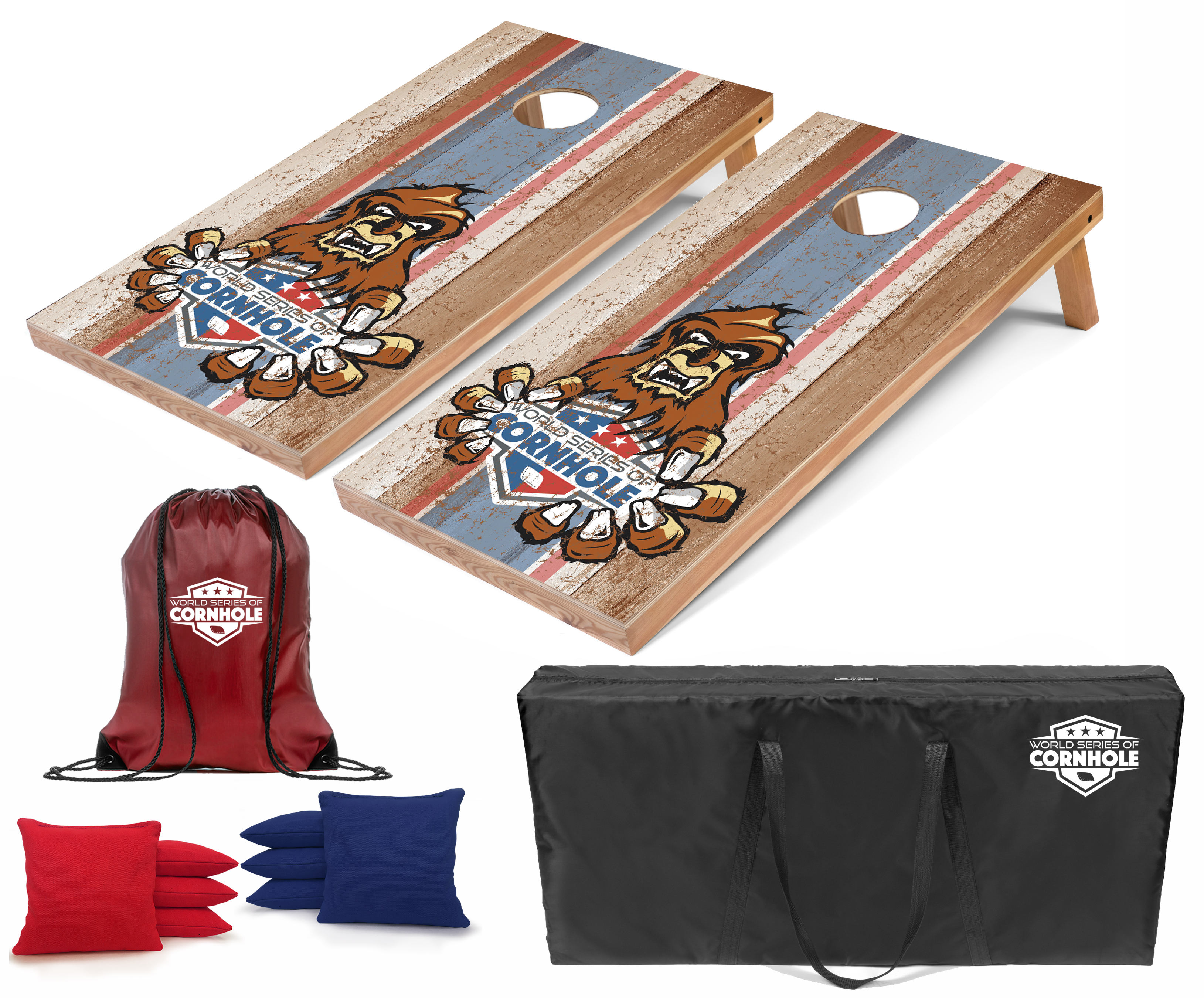 World Series of Cornhole Lightweight Cornhole Set - Animated Sasquatch Boards with Red and Royal Blue Bags