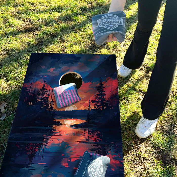 World Series of Cornhole Lightweight Cornhole Set - Acadia National Park Nighttime Boards with Red and Royal Blue Bags