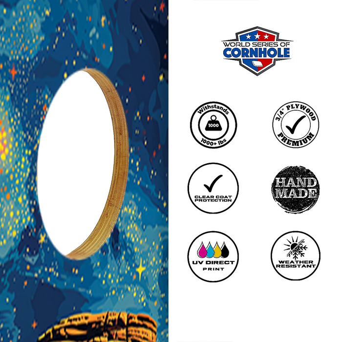World Series of Cornhole Lightweight Cornhole Set - Arches National Park Nighttime Boards with Red and Royal Blue Bags