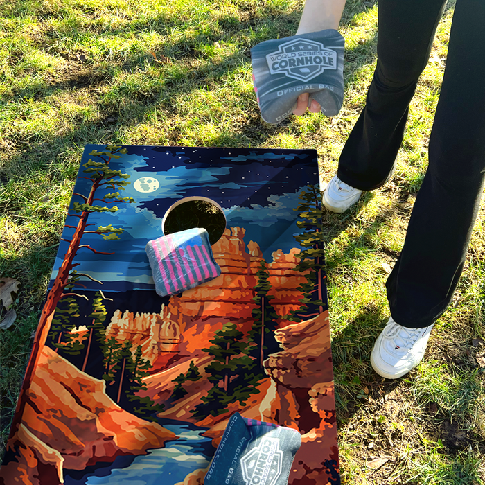World Series of Cornhole Lightweight Cornhole Set - Bryce Canyon National Park Nighttime Boards with Red and Royal Blue Bags