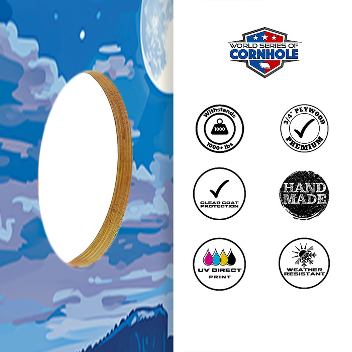 World Series of Cornhole Lightweight Cornhole Set - Crater Lake National Park Nighttime Boards with Red and Royal Blue Bags