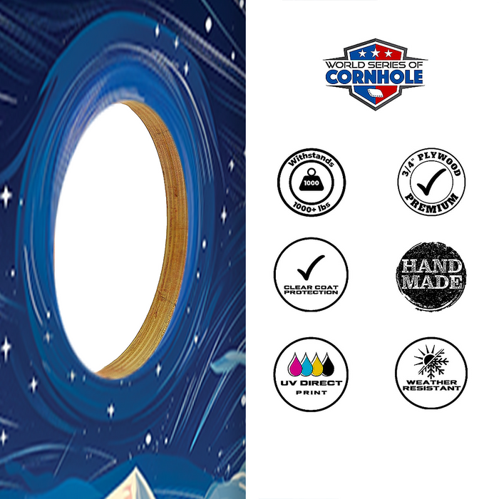 World Series of Cornhole Lightweight Cornhole Set - Denali National Park Nighttime Boards with Red and Royal Blue Bags