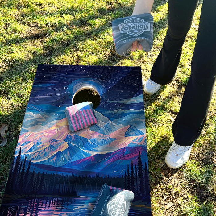 World Series of Cornhole Lightweight Cornhole Set - Denali National Park Nighttime Boards with Red and Royal Blue Bags