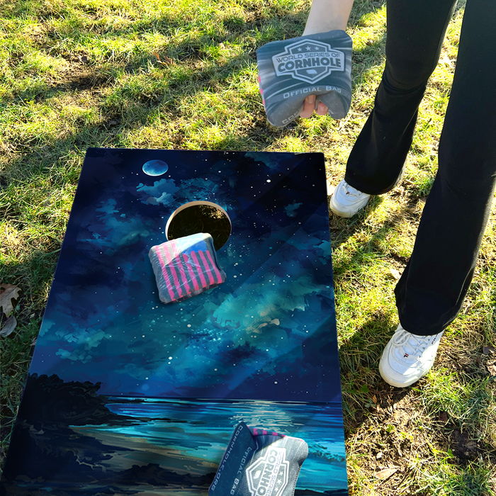World Series of Cornhole Lightweight Cornhole Set - Dry Tortugas National Park Nighttime Boards with Red and Royal Blue Bags