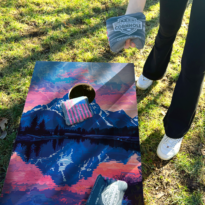 World Series of Cornhole Lightweight Cornhole Set - Grand Teton National Park Nighttime Boards with Red and Royal Blue Bags