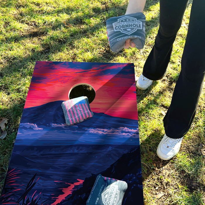 World Series of Cornhole Lightweight Cornhole Set - Hawaii Volcanoes National Park Nighttime Boards with Red and Royal Blue Bags