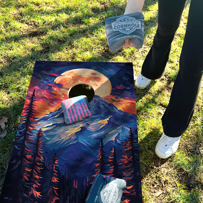 World Series of Cornhole Lightweight Cornhole Set - Mt. Olympus National Park Nighttime Boards with Red and Royal Blue Bags