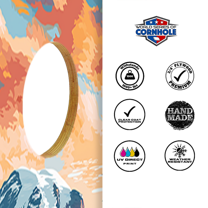 World Series of Cornhole Lightweight Cornhole Set - Mt. Rainier National Park Nighttime Boards with Red and Royal Blue Bags
