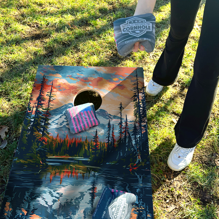 World Series of Cornhole Lightweight Cornhole Set - Mt. Rainier National Park Nighttime Boards with Red and Royal Blue Bags