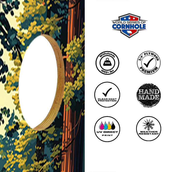 World Series of Cornhole Lightweight Cornhole Set - Redwood National Park Nightime Boards with Red and Royal Blue Bags
