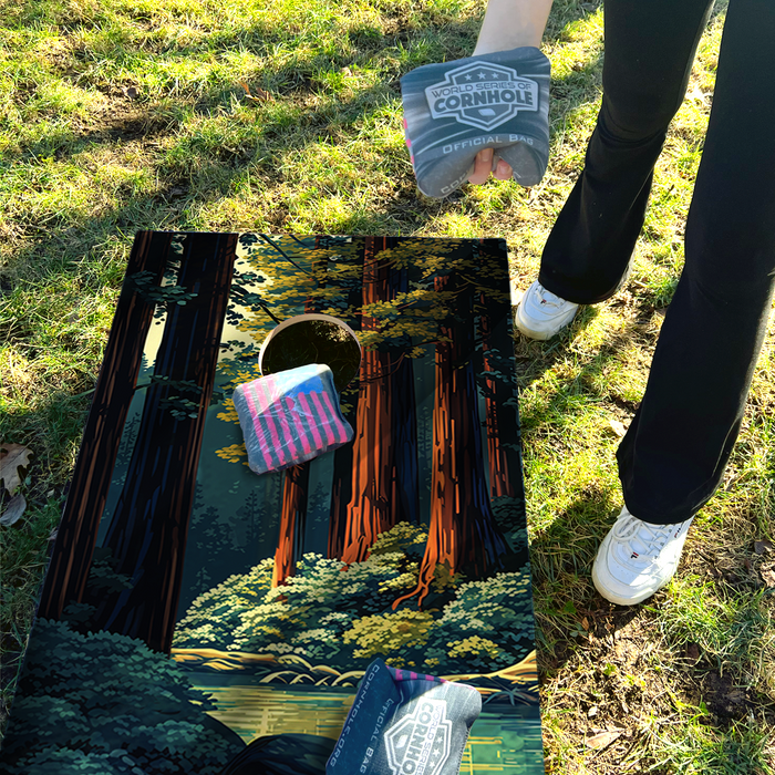 World Series of Cornhole Lightweight Cornhole Set - Redwood National Park Nightime Boards with Red and Royal Blue Bags
