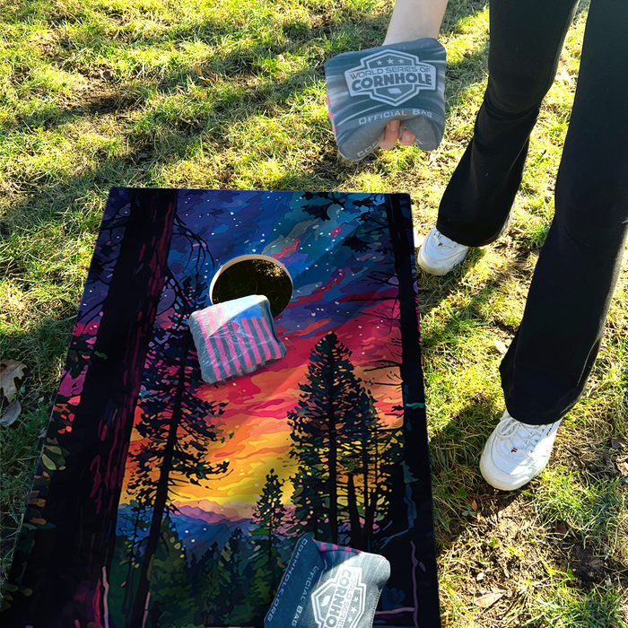 World Series of Cornhole Lightweight Cornhole Set - Sequoia National Park Nighttime Boards with Red and Royal Blue Bags
