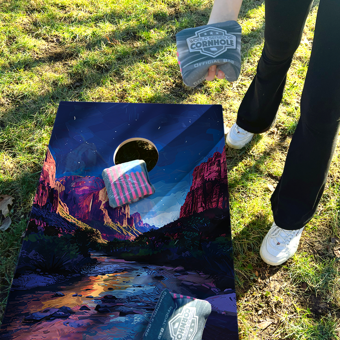World Series of Cornhole Lightweight Cornhole Set - Zion National Park Nighttime Boards with Red and Royal Blue Bags