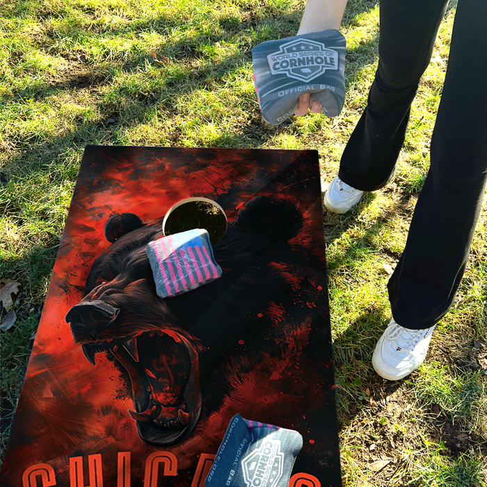 World Series of Cornhole Lightweight Cornhole Set - Chicago Bears Boards with Navy and Orange Bags