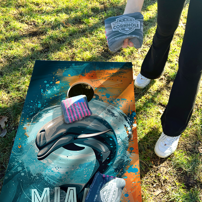 World Series of Cornhole Lightweight Cornhole Set - Miami Dolphins Boards with Orange and Aqua Bags